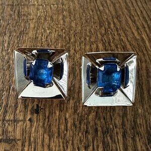 Vintage Sterling Silver Screw Back Earrings | Blue Stone | Modernist Style